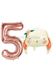 Sevimli Tavşan 1 Yaş Balon Set Woodland Hayvanlar Konsept Tavşan Balon ve Rosegold Renk Rakam Balon