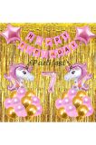 Pembe Unicorn Konsept 7 Yaş Balon Doğum Günü Set Gökkuşağı Unicorn Yaş Balon Set
