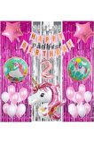 Pembe Unicorn Konsept 2 Yaş Balon Set Gökkuşağı Unicorn Doğum Günü Yaş Balon Set