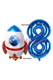 Roket Uzay Astronot Konsept 8 Yaş Balon Set Uzay Roketi ve Lacivert Rakam Balon Doğum Günü Balon Set