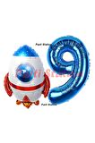 Roket Uzay Astronot Konsept 9 Yaş Balon Set Uzay Roketi ve Lacivert Rakam Balon Doğum Günü Balon Set