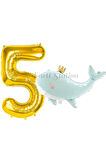 Sevimli Yeşil Balina 6 Yaş Balon Set Deniz Okyanus Canlıları Konsept Balon ve Gold Rakam Balon