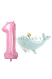 Sevimli Yeşil Balina 7 Yaş Balon Set Deniz Okyanus Canlıları Konsept Balon ve Pembe Rakam Balon