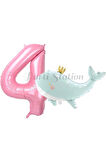 Sevimli Yeşil Balina 7 Yaş Balon Set Deniz Okyanus Canlıları Konsept Balon ve Pembe Rakam Balon