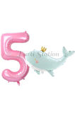 Sevimli Yeşil Balina 7 Yaş Balon Set Deniz Okyanus Canlıları Konsept Balon ve Pembe Rakam Balon