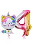 Unicorn Kedi 4 Yaş Balon Set Renkli Sayı Balon Folyo Set Konsept Doğum Günü Set Yaş Balon