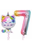 Unicorn Kedi 7 Yaş Balon Set Renkli Sayı Balon Folyo Set Konsept Doğum Günü Set Yaş Balon