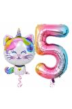 Unicorn Kedi 5 Yaş Balon Set Renkli Sayı Balon Folyo Set Konsept Doğum Günü Set Yaş Balon