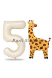 Safari Zürafa Balon 3 Yaş Balon Set Safari Konsept Sevimli Zürafa Balon ve Krem Renk Rakam Balon