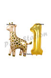Safari Zürafa 4 Yaş Balon Set Sevimli Zürafa ve Gold Rakam Balon Doğum Günü Set