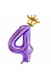 Mor Renk 4 Yaş Rakam Balon Mor Renk Helyum Balon Mor Rakam Balon Mor Taçlı Rakam Balon 80cm
