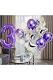 Mor 3 Yaş Balon Seti Mor Renk Rakam Balon Set Doğum Günü Parti Mor Renk Helyum Balon Mor Rakam Balon