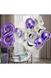 Mor 8 Yaş Balon Seti Mor Renk Rakam Balon Set Doğum Günü Parti Mor Renk Helyum Balon Mor Rakam Balon