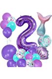 Mor Rakam Balon 2 Yaş Deniz Kızı Temalı Doğum Günü Parti Kutlama Seti Konsept 1