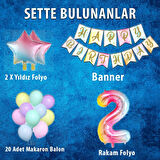 Gökkuşağı Konsepti 2 Yaş Doğum Günü Parti Kutlama Seti; Rakam ve Yıldız Folyo, Banner ve Makaron Balon