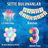 Gökkuşağı Konsepti 3 Yaş Doğum Günü Parti Kutlama Seti; Rakam ve Yıldız Folyo, Banner ve Makaron Balon