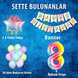 Gökkuşağı Konsepti 8 Yaş Doğum Günü Parti Kutlama Seti; Rakam ve Yıldız Folyo, Banner ve Makaron Balon