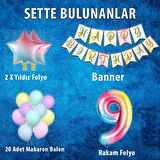 Gökkuşağı Konsepti 9 Yaş Doğum Günü Parti Kutlama Seti; Rakam ve Yıldız Folyo, Banner ve Makaron Balon