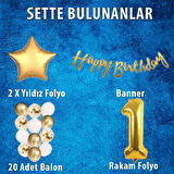 Gold Konsept 1 Yaş Doğum Günü Kutlama Seti; Beyaz Gold Konfetili Balon, Rakam Yıldız Folyo ve Banner
