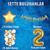 Gold Konsept 2 Yaş Doğum Günü Kutlama Seti; Beyaz Gold Konfetili Balon, Rakam Yıldız Folyo ve Banner