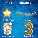 Gold Konsept 3 Yaş Doğum Günü Kutlama Seti; Beyaz Gold Konfetili Balon, Rakam Yıldız Folyo ve Banner
