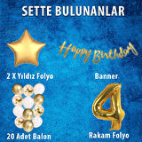Gold Konsept 4 Yaş Doğum Günü Kutlama Seti; Beyaz Gold Konfetili Balon, Rakam Yıldız Folyo ve Banner