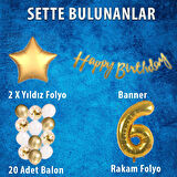 Gold Konsept 6 Yaş Doğum Günü Kutlama Seti; Beyaz Gold Konfetili Balon, Rakam Yıldız Folyo ve Banner