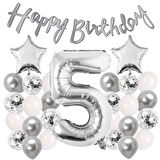 Gümüş Konsept 5 Yaş Doğum Günü Kutlama Seti Beyaz Gümüş Konfetili Balon Rakam Yıldız Folyo ve Banner
