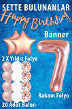 Rose Gold Konsept 7 Yaş Doğum Günü Kutlama Seti; Beyaz Gold Konfetili Balon, Rakam Yıldız Folyo ve Banner