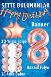 Rose Gold Konsept 8 Yaş Doğum Günü Kutlama Seti; Beyaz Gold Konfetili Balon, Rakam Yıldız Folyo ve Banner