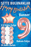 Rose Gold Konsept 9 Yaş Doğum Günü Kutlama Seti; Beyaz Gold Konfetili Balon, Rakam Yıldız Folyo ve Banner