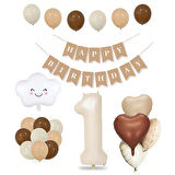 1 Yaş Retro Doğum Günü Seti; Krem Rakam Folyo, Banner, Kalp Folyo ve Lateks Balon