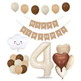 4 Yaş Retro Doğum Günü Seti; Krem Rakam Folyo, Banner, Kalp Folyo ve Lateks Balon
