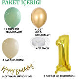1 Yaş Küf Yeşili Deniz Kumu ve Krom Gold Balonlu Konsept  Doğum Günü Seti