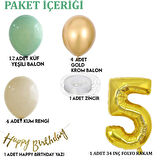 5 Yaş Küf Yeşili Deniz Kumu ve Krom Gold Balonlu Konsept  Doğum Günü Seti