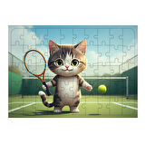 Ahşap Mdf Puzzle Yapboz Tenis Oynayan Tatlı Kedi 50 Parça 35*50 cm