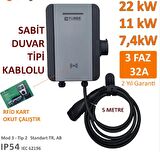 Power Elektronik 22kW-11kW-7,4kW Elektrikli Araç Şarj İstasyonu - 5 Metre Kablo - Duvar Tipi