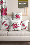 Kanaviçe Pembe Çiçek Desenli 4'lü Dijital Baskılı Kırlent Kılıfı 43 x 43 cm