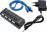 Zilevo 4 Portlu USB 3.0 Hub, Adaptörlü, Anahtarlı, LED Göstergeli, Yüksek Hızlı Veri Aktarımı, Siyah-Mavi, USB Kablosu Dahil