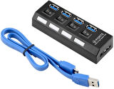 Zilevo 4 Portlu USB 3.0 Hub, Adaptörlü, Anahtarlı, LED Göstergeli, Yüksek Hızlı Veri Aktarımı, Siyah-Mavi, USB Kablosu Dahil