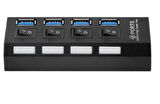 Zilevo 4 Portlu USB 3.0 Hub, Adaptörlü, Anahtarlı, LED Göstergeli, Yüksek Hızlı Veri Aktarımı, Siyah-Mavi, USB Kablosu Dahil