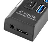 Zilevo 4 Portlu USB 3.0 Hub, Adaptörlü, Anahtarlı, LED Göstergeli, Yüksek Hızlı Veri Aktarımı, Siyah-Mavi, USB Kablosu Dahil