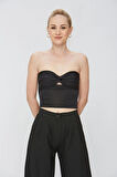 Siyah Kumaş Kadın Ultra Soft Straplez Crop Bluz