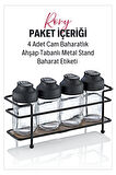 Alice Ahşap Tabanlı Metal Standlı 4'lü Çift Kapaklı Cam Baharatlık Seti - Tuzluk Biberlik Peçetelik