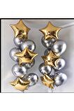 Gümüş Krom 14 Adet Balon Folyo Gold Yıldız 6 Adet Balon 