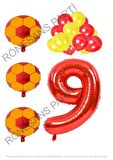 Sarı Kırmızı Futbol Topu Folyo ve Latex Balon Rakam Seti Yaş 9
