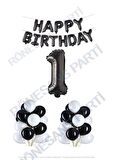 Happy Bırthday Siyah Renk Folyo Balon Latex Balon  ve Folyo Rakam Seti Yaş 1