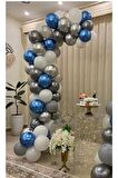 Pastel Beyaz-Gri -Krom Gümüş-Mavi Balon 50 Adet + 5 Mt. Balon Zinciri