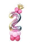 2 Yaş Gökkuşağı Renkleri Rakam Balon Altın Taçlı 2 Rakamlı Balon