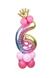 6 Yaş Gökkuşağı Renkleri Rakam Balon Altın Taçlı 6 Rakamlı Balon
